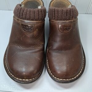 UGG Brown Leather Mules with Knit Trim